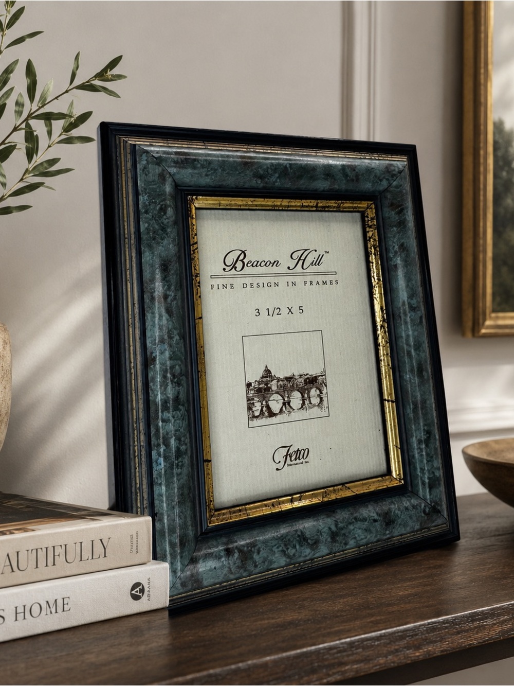 Fetco Teal Marble-Effect Frame with Gold Inner Trim